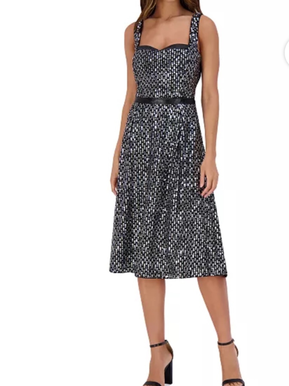 Kensie Women's Sequin-Mesh Matte-Satin Midi Dress Black/Silver 10 NEW